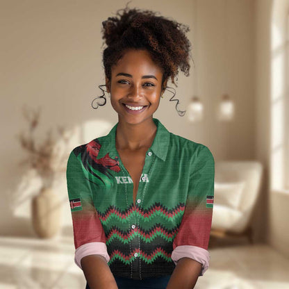 Custom Cricket Africa Kenya Women Casual Shirt Green Lion Head with Kenyan Pattern - African Pride