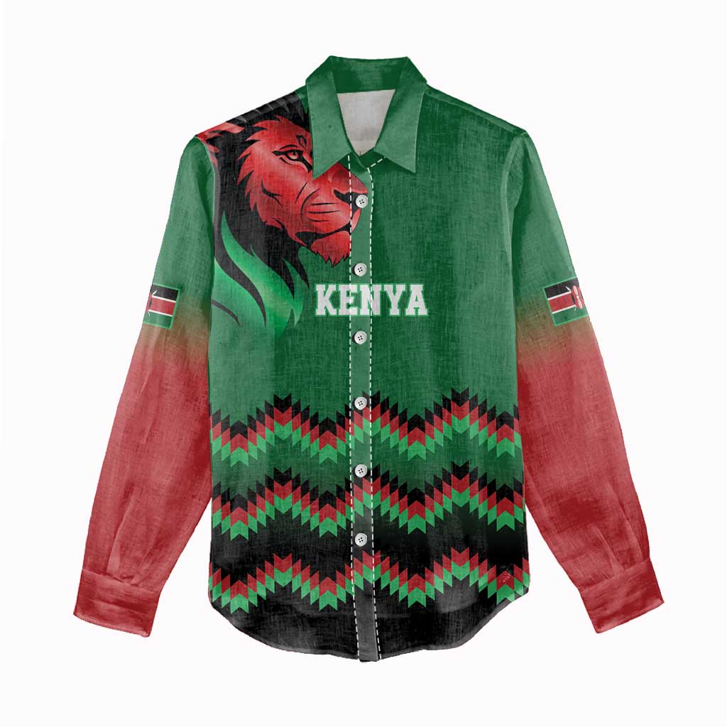 Custom Cricket Africa Kenya Women Casual Shirt Green Lion Head with Kenyan Pattern - African Pride
