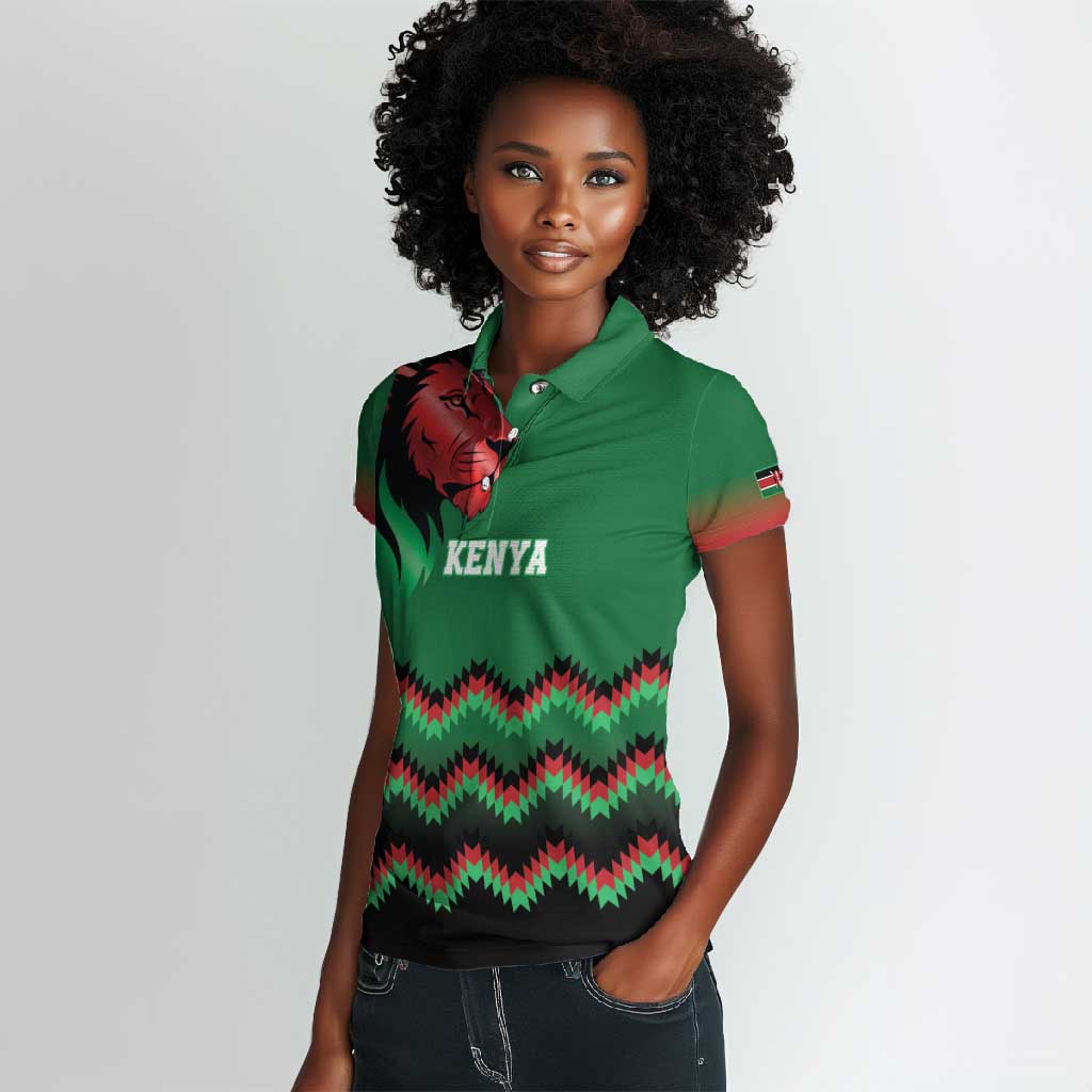 Custom Cricket Africa Kenya Women Polo Shirt Green Lion Head with Kenyan Pattern - African Pride