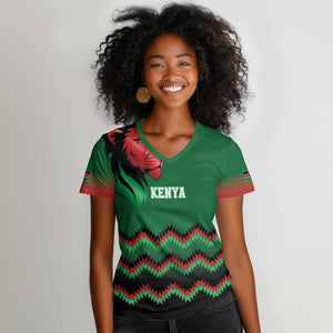 Custom Cricket Africa Kenya Women V-Neck T-Shirt Green Lion Head with Kenyan Pattern - African Pride