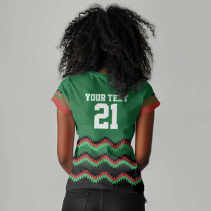 Custom Cricket Africa Kenya Women V-Neck T-Shirt Green Lion Head with Kenyan Pattern - African Pride