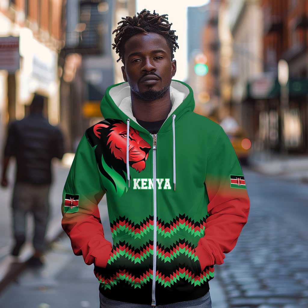 Custom Cricket Africa Kenya Zip Hoodie Green Lion Head with Kenyan Pattern - African Pride
