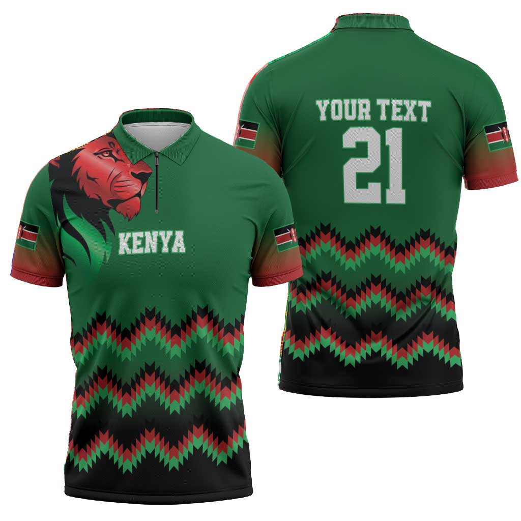 Custom Cricket Africa Kenya Zipper Polo Shirt Green Lion Head Kenyan Pattern