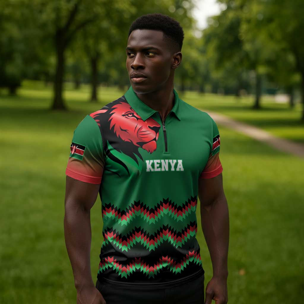 Custom Cricket Africa Kenya Zipper Polo Shirt Green Lion Head Kenyan Pattern