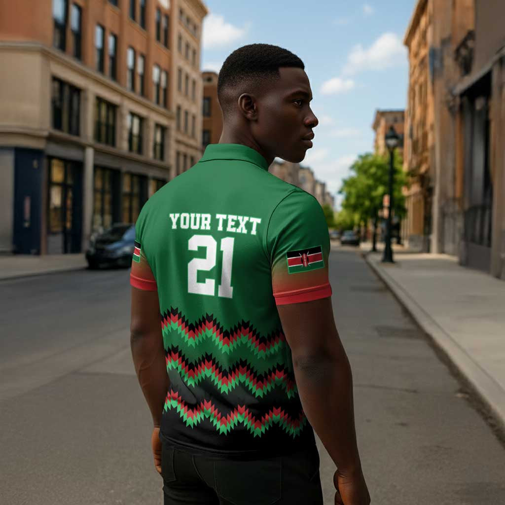 Custom Cricket Africa Kenya Zipper Polo Shirt Green Lion Head Kenyan Pattern