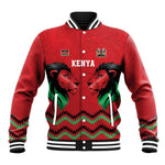 Custom Cricket Africa Kenya Baseball Jacket Red Lion Head with Kenyan Pattern - African Pride