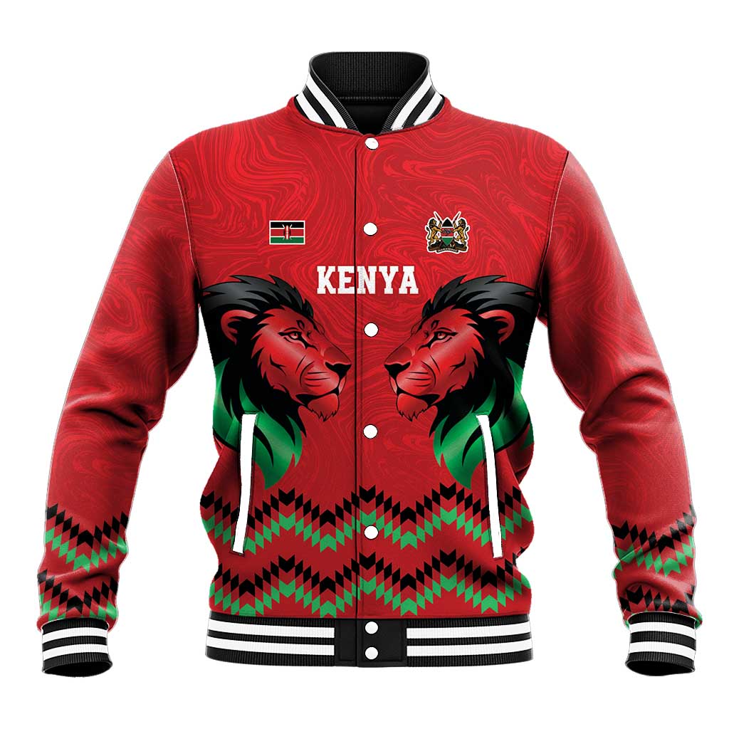 Custom Cricket Africa Kenya Baseball Jacket Red Lion Head with Kenyan Pattern - African Pride