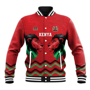 Custom Cricket Africa Kenya Baseball Jacket Red Lion Head with Kenyan Pattern - African Pride