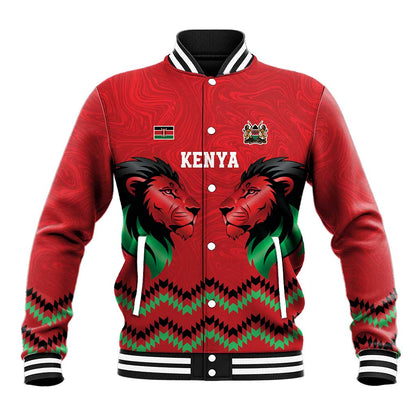 Custom Cricket Africa Kenya Baseball Jacket Red Lion Head with Kenyan Pattern - African Pride