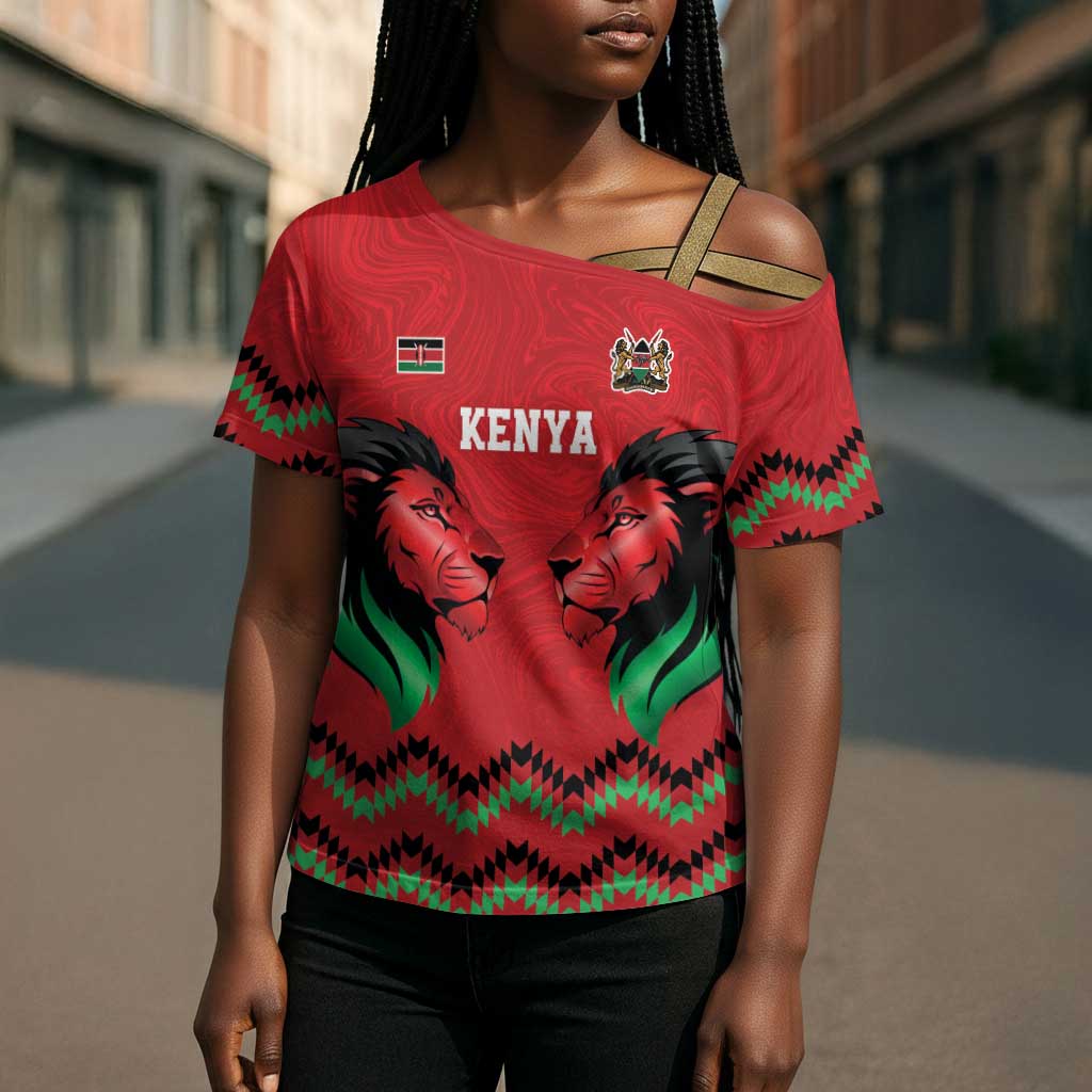 Custom Cricket Africa Kenya Cross Shoulder Shirt Red Lion Head Kenyan Pattern