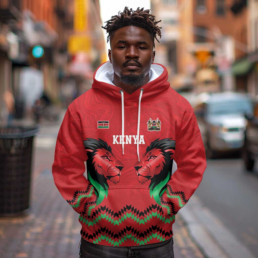 Custom Cricket Africa Kenya Hoodie Red Lion Head with Kenyan Pattern - African Pride
