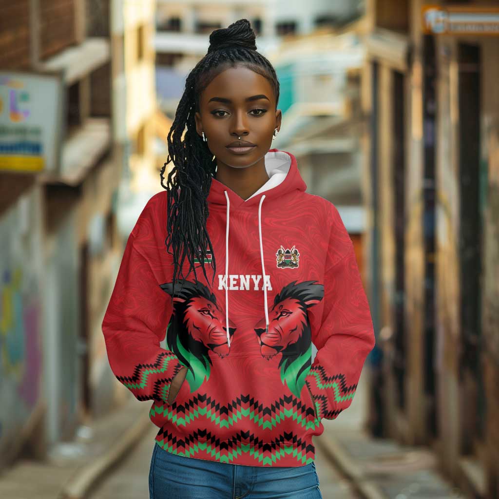 Custom Cricket Africa Kenya Hoodie Red Lion Head with Kenyan Pattern - African Pride