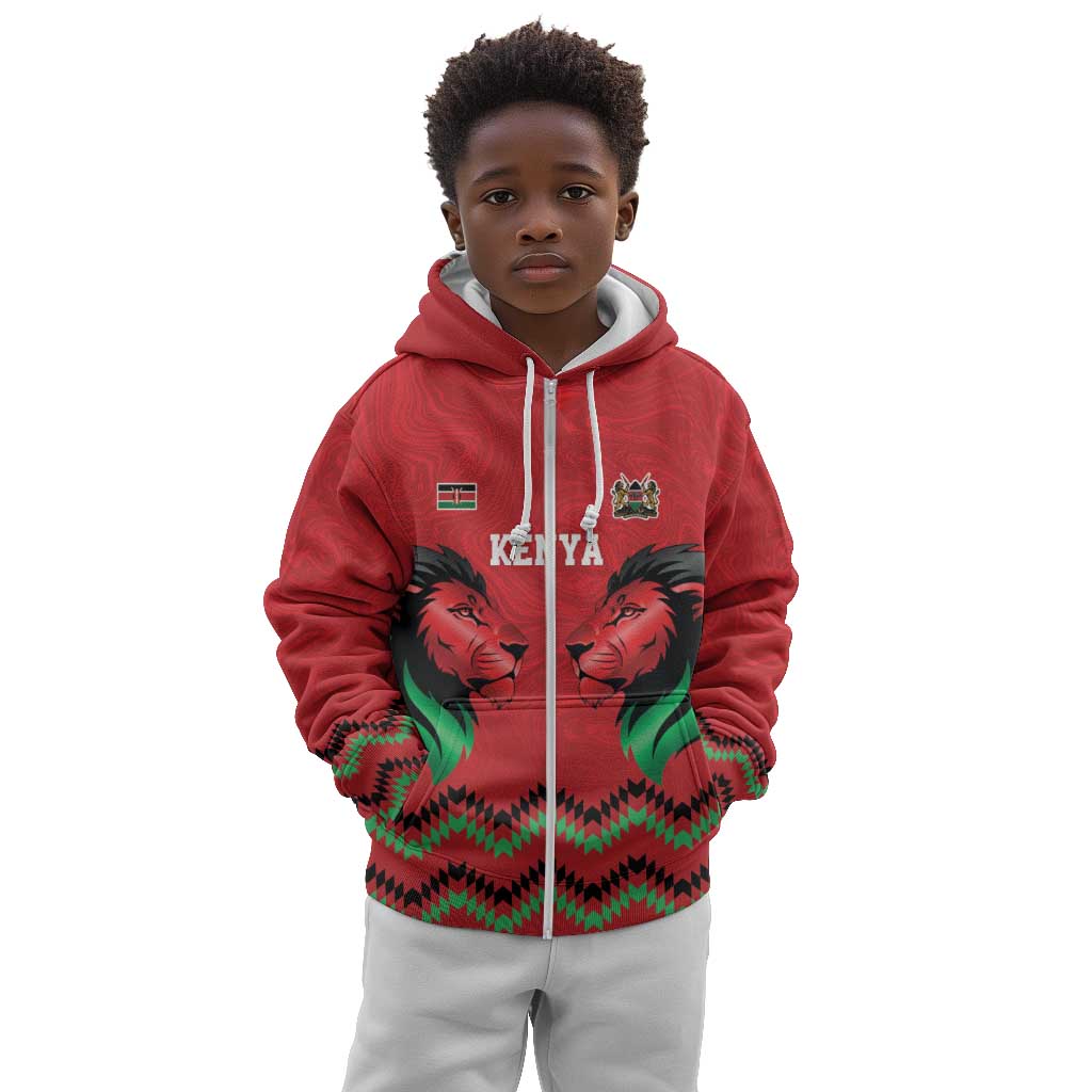 Custom Cricket Africa Kenya Kid Hoodie Red Lion Head with Kenyan Pattern - African Pride
