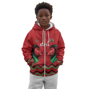 Custom Cricket Africa Kenya Kid Hoodie Red Lion Head with Kenyan Pattern - African Pride