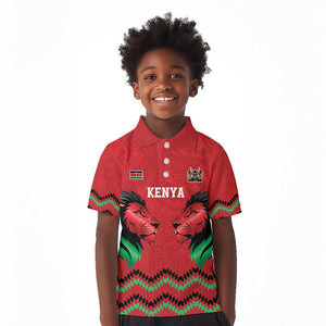 Custom Cricket Africa Kenya Kid Polo Shirt Red Lion Head with Kenyan Pattern - African Pride