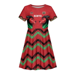 Custom Cricket Africa Kenya Kid Short Sleeve Dress Red Lion Head with Kenyan Pattern - African Pride