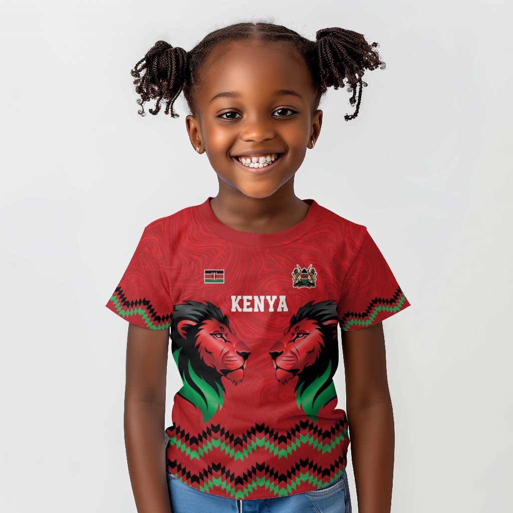 Custom Cricket Africa Kenya Kid T shirt Red Lion Head with Kenyan Pattern - African Pride