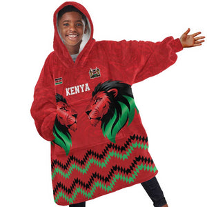 Custom Cricket Africa Kenya Kid Wearable Blanket Hoodie Red Lion Head with Kenyan Pattern - African Pride