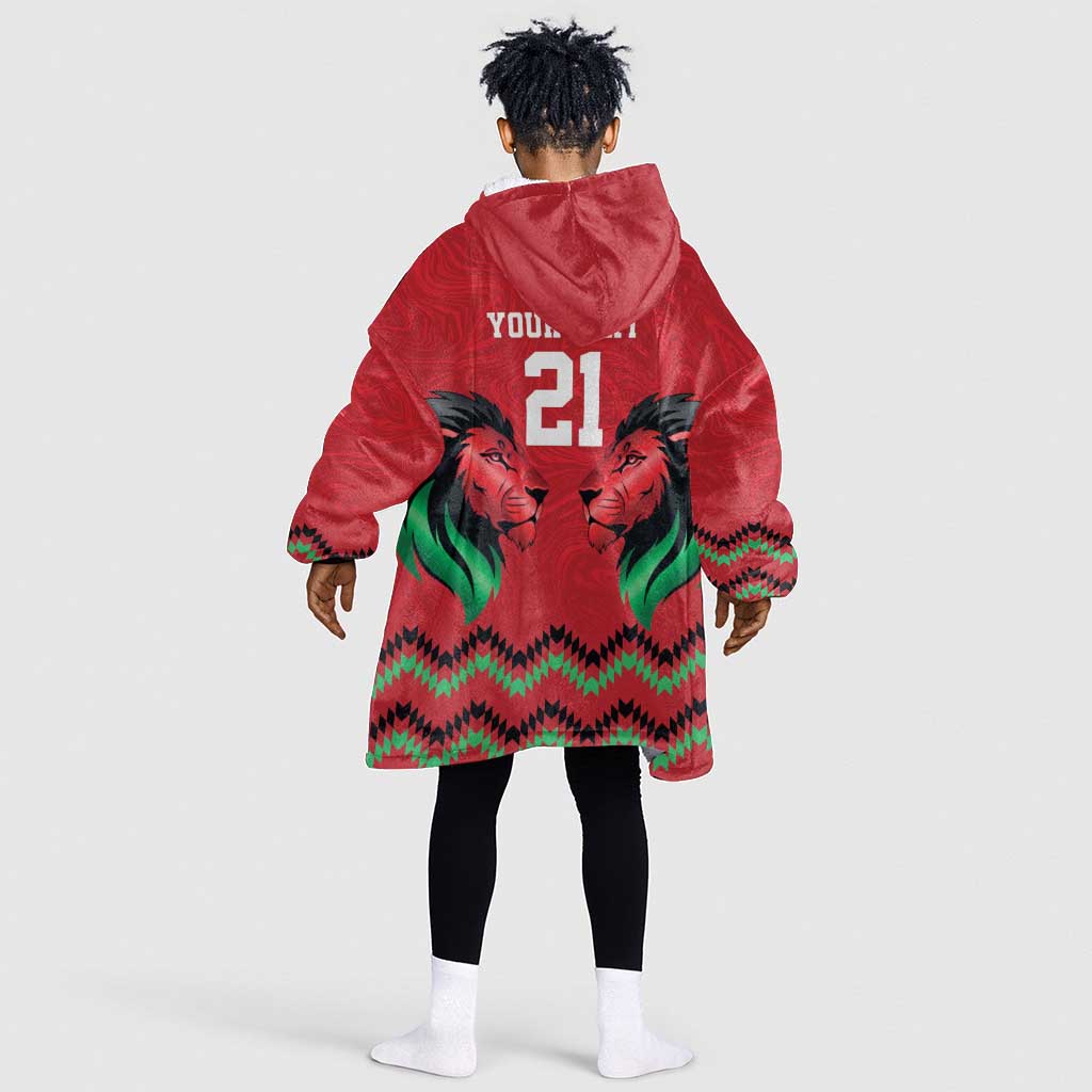 Custom Cricket Africa Kenya Kid Wearable Blanket Hoodie Red Lion Head with Kenyan Pattern - African Pride