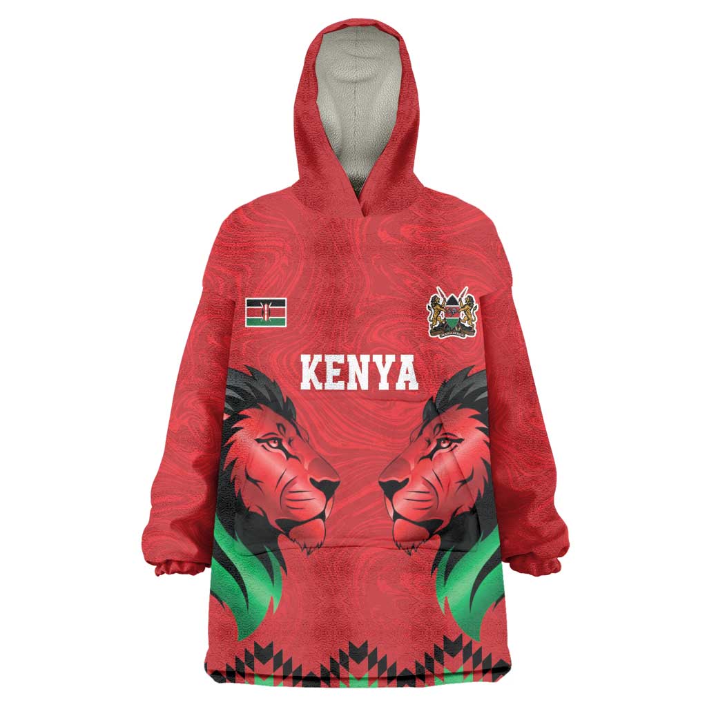 Custom Cricket Africa Kenya Kid Wearable Blanket Hoodie Red Lion Head with Kenyan Pattern - African Pride