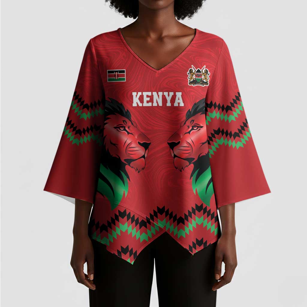 Custom Cricket Africa Kenya Kimono Sleeve Blouse Red Lion Head Kenyan Pattern