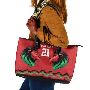 Custom Cricket Africa Kenya Leather Tote Bag Red Lion Head with Kenyan Pattern - African Pride