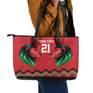 Custom Cricket Africa Kenya Leather Tote Bag Red Lion Head with Kenyan Pattern - African Pride