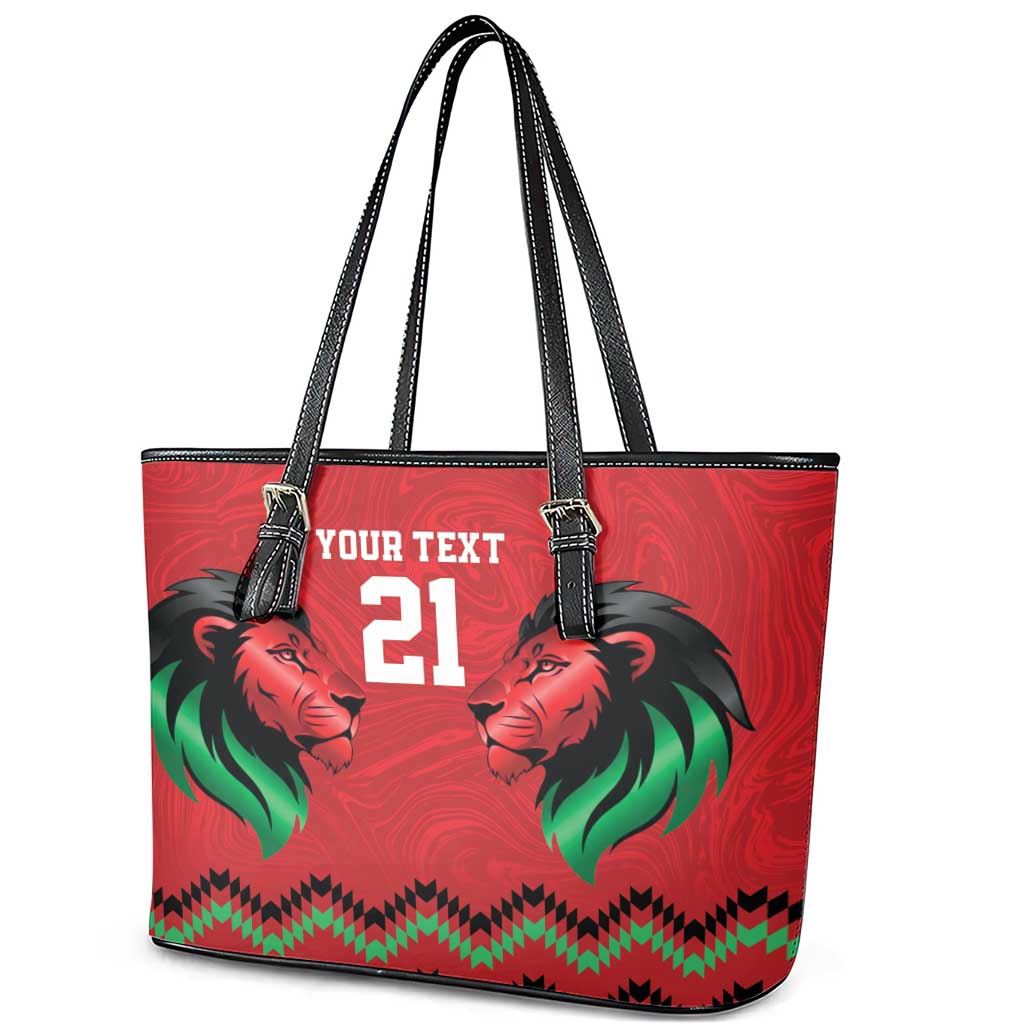 Custom Cricket Africa Kenya Leather Tote Bag Red Lion Head with Kenyan Pattern - African Pride