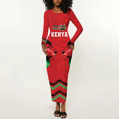 Custom Cricket Africa Kenya Long Sleeve Bodycon Dress Red Lion Head with Kenyan Pattern - African Pride