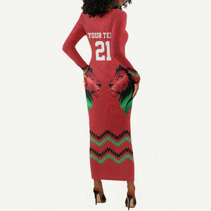Custom Cricket Africa Kenya Long Sleeve Bodycon Dress Red Lion Head with Kenyan Pattern - African Pride