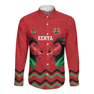 Custom Cricket Africa Kenya Long Sleeve Button Shirt Red Lion Head with Kenyan Pattern - African Pride