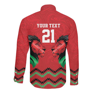 Custom Cricket Africa Kenya Long Sleeve Button Shirt Red Lion Head with Kenyan Pattern - African Pride