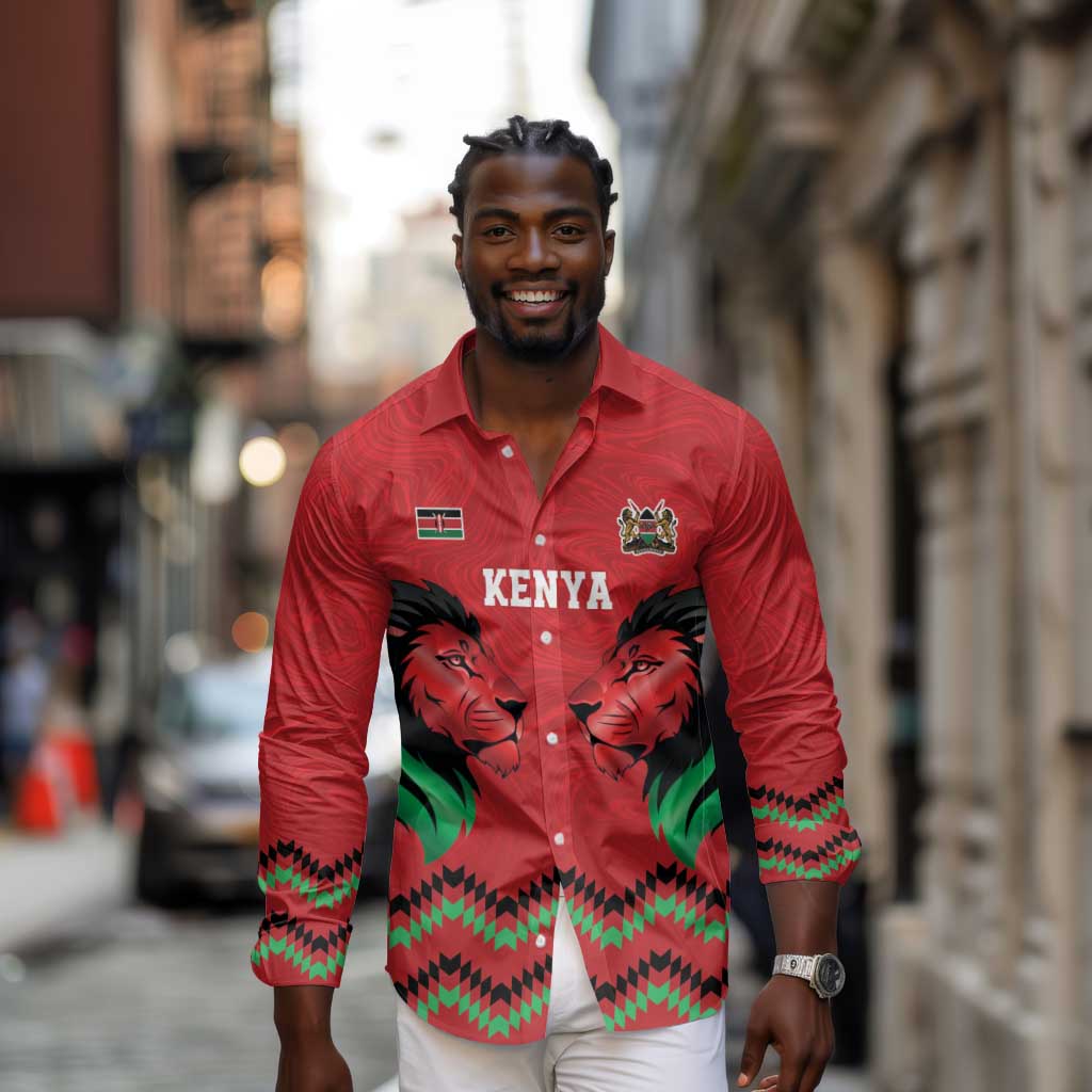 Custom Cricket Africa Kenya Long Sleeve Button Shirt Red Lion Head with Kenyan Pattern - African Pride