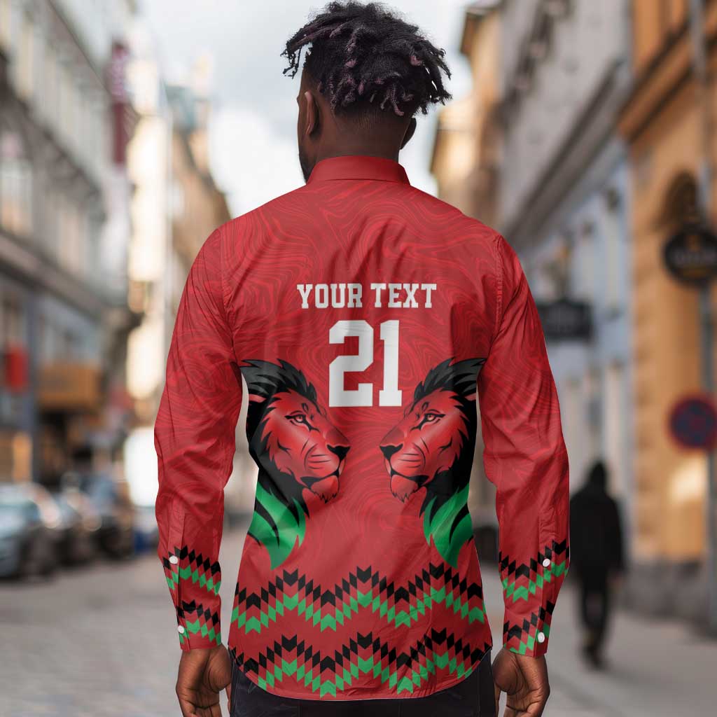 Custom Cricket Africa Kenya Long Sleeve Button Shirt Red Lion Head with Kenyan Pattern - African Pride