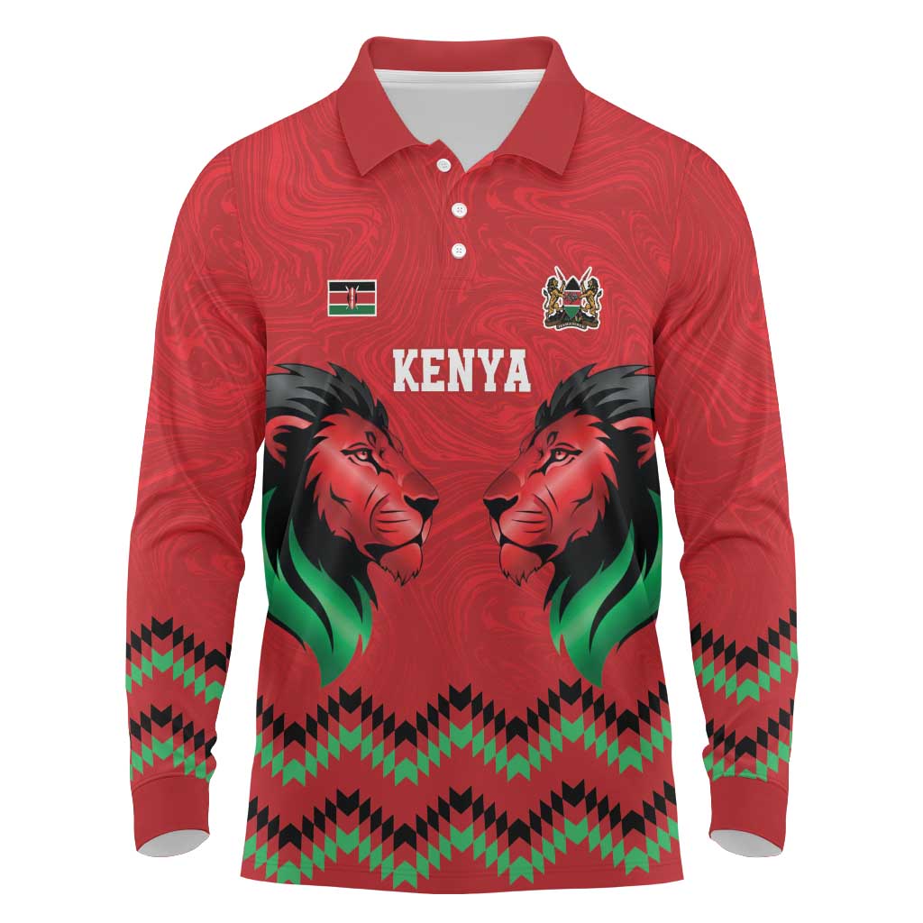 Custom Cricket Africa Kenya Long Sleeve Polo Shirt Red Lion Head with Kenyan Pattern - African Pride