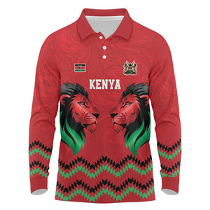 Custom Cricket Africa Kenya Long Sleeve Polo Shirt Red Lion Head with Kenyan Pattern - African Pride