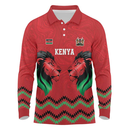 Custom Cricket Africa Kenya Long Sleeve Polo Shirt Red Lion Head with Kenyan Pattern - African Pride