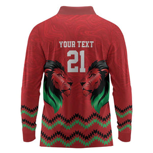 Custom Cricket Africa Kenya Long Sleeve Polo Shirt Red Lion Head with Kenyan Pattern - African Pride