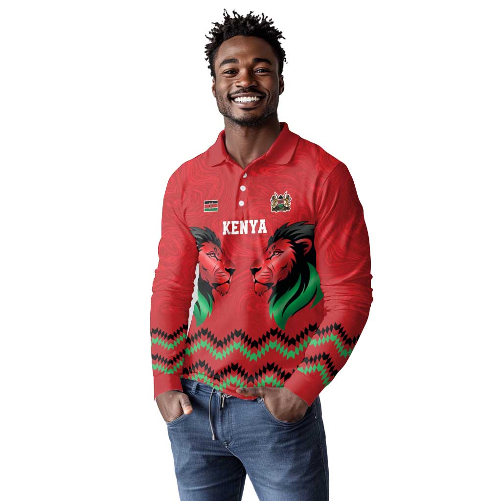 Custom Cricket Africa Kenya Long Sleeve Polo Shirt Red Lion Head with Kenyan Pattern - African Pride