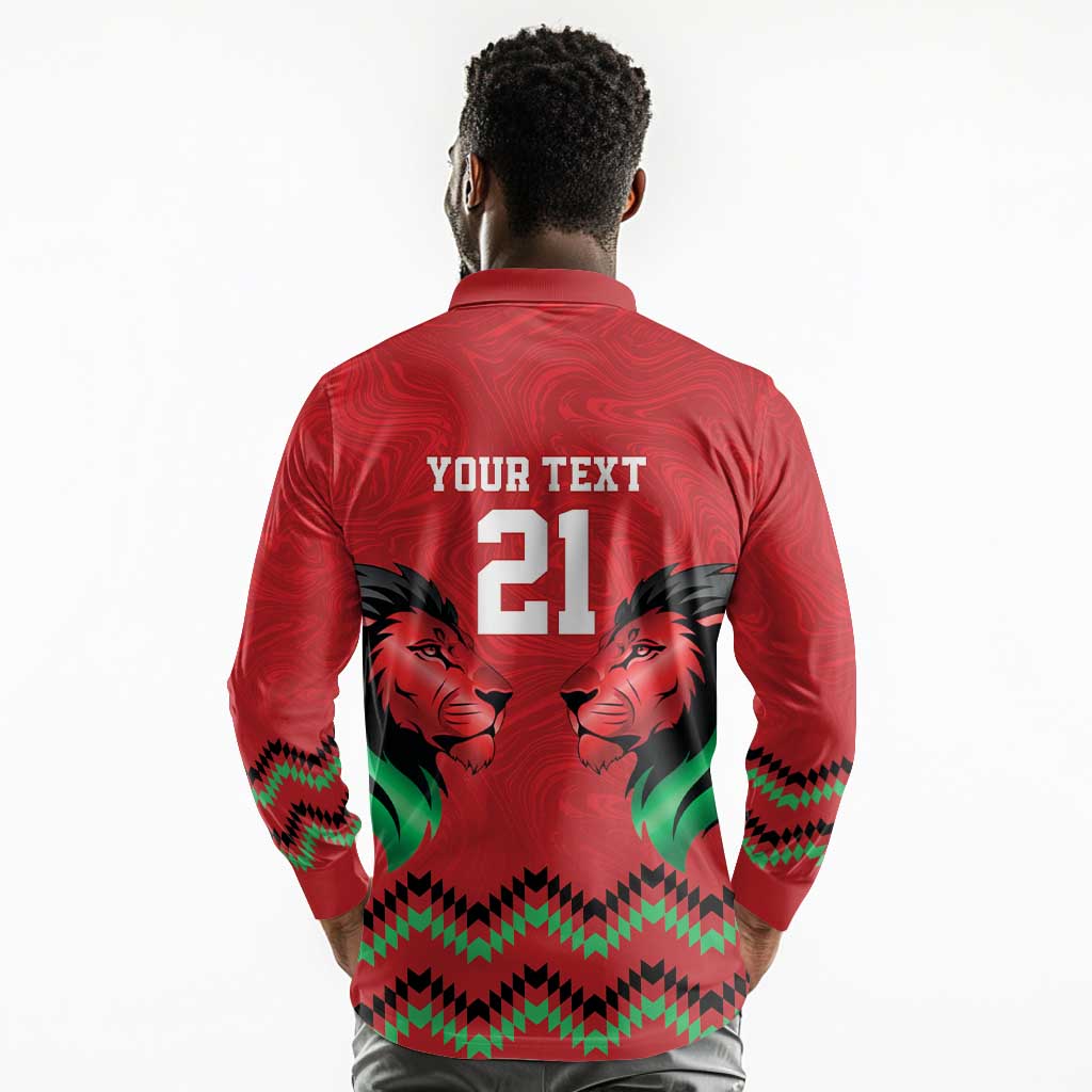 Custom Cricket Africa Kenya Long Sleeve Polo Shirt Red Lion Head with Kenyan Pattern - African Pride