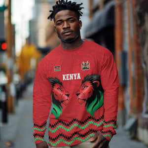 Custom Cricket Africa Kenya Long Sleeve Shirt Red Lion Head with Kenyan Pattern - African Pride