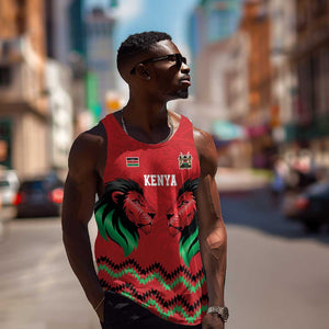 Custom Cricket Africa Kenya Men Tank Top Red Lion Head with Kenyan Pattern - African Pride