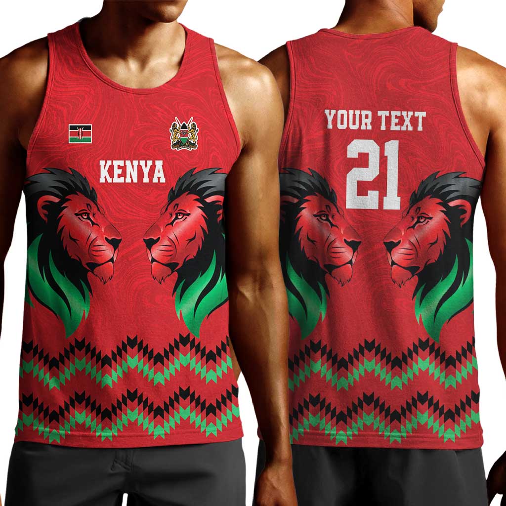 Custom Cricket Africa Kenya Men Tank Top Red Lion Head with Kenyan Pattern - African Pride