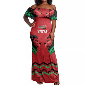 Custom Cricket Africa Kenya Off Shoulder Maxi Dress Red Lion Head with Kenyan Pattern - African Pride