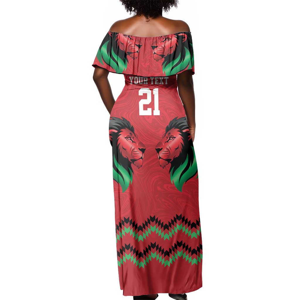 Custom Cricket Africa Kenya Off Shoulder Maxi Dress Red Lion Head with Kenyan Pattern - African Pride