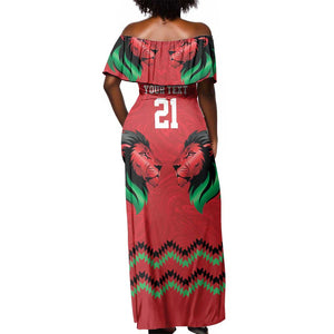 Custom Cricket Africa Kenya Off Shoulder Maxi Dress Red Lion Head with Kenyan Pattern - African Pride
