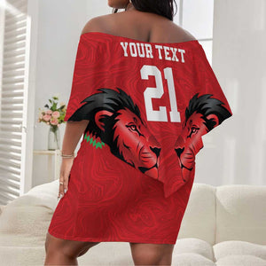 Custom Cricket Africa Kenya Off Shoulder Short Dress Red Lion Head with Kenyan Pattern - African Pride