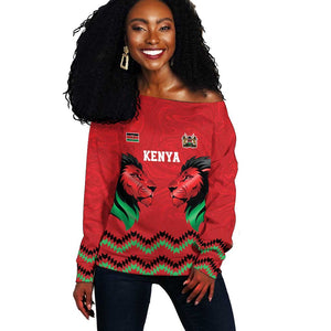 Custom Cricket Africa Kenya Off Shoulder Sweater Red Lion Head with Kenyan Pattern - African Pride