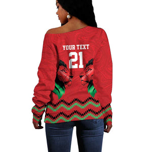 Custom Cricket Africa Kenya Off Shoulder Sweater Red Lion Head with Kenyan Pattern - African Pride