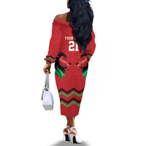 Custom Cricket Africa Kenya Off The Shoulder Long Sleeve Dress Red Lion Head with Kenyan Pattern - African Pride